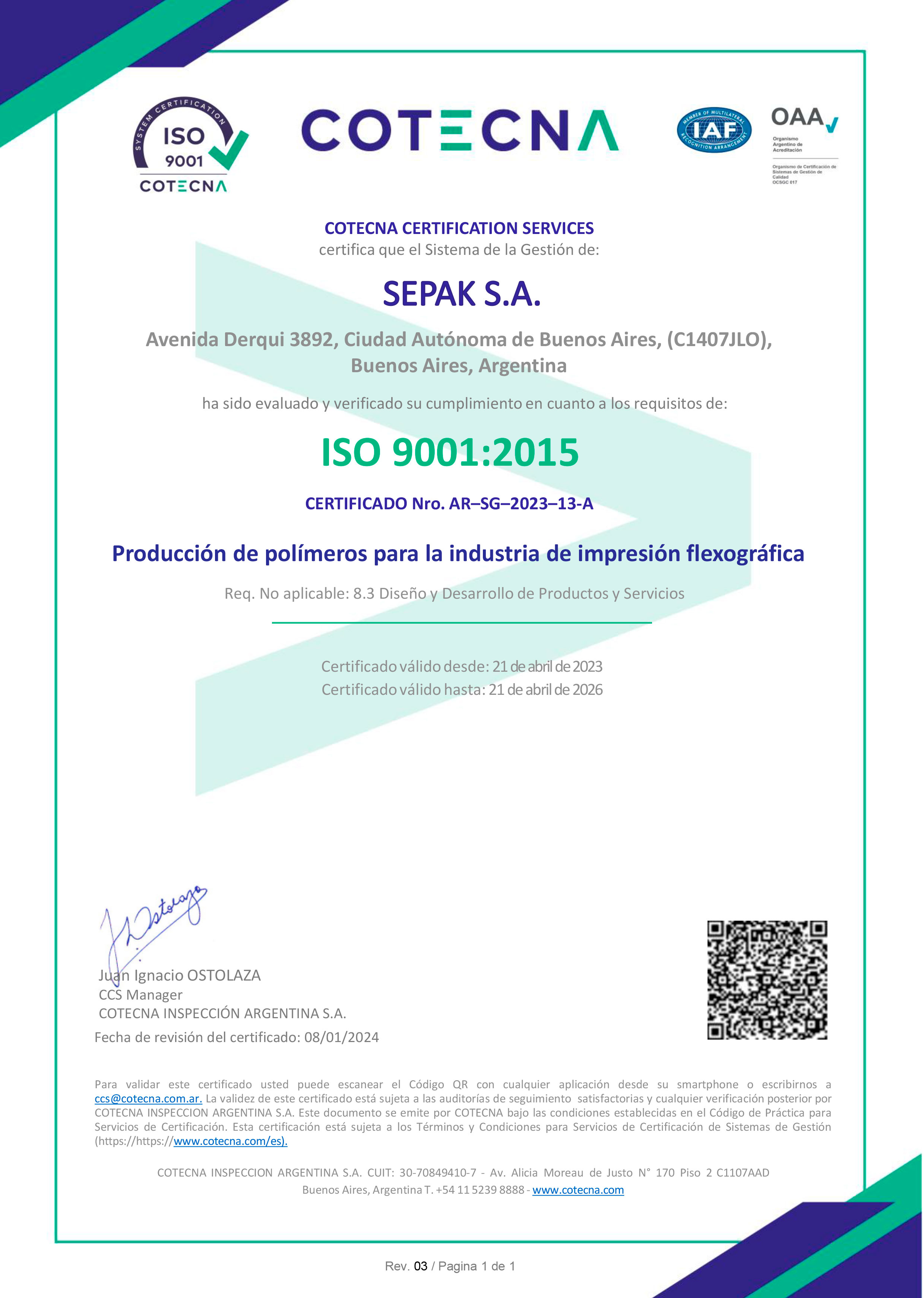 Certificado ISO 9001 de Sepak S.A.